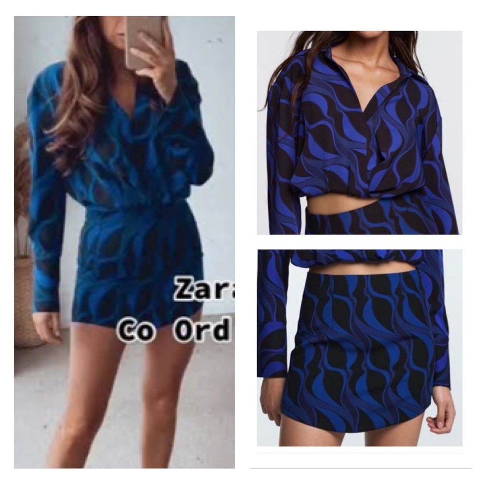 NWT Zara Blue Abstract Print Mini Skirt and shirt set -  Coordinated Look